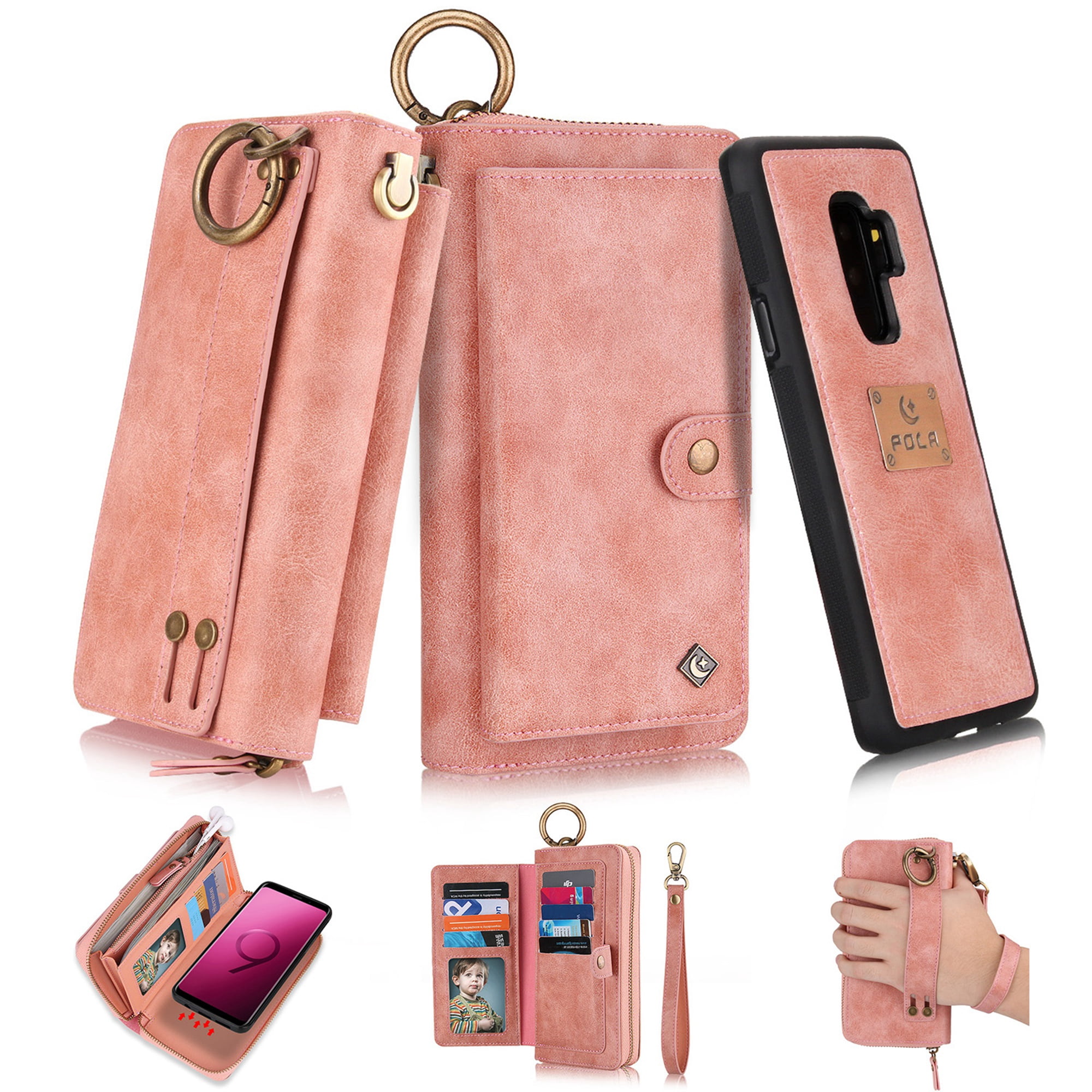 Galaxy S9 Plus Wallet Detachable Case, Dteck [wrist band][14 Card Slots] Zipper Purse Phone Case Multi-functional Folio Flip PU Leather Removable Magnetic Back Cover For Samsung Galaxy S9+,Pink