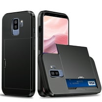 for Galaxy S9 Wallet Case with Sliding Door Hidden Pocket Credit Card Holder Dual Layer Heavy Duty Shockproof Hard PC Hybrid TPU Flip Protective Cover for Samsung Galaxy S9, Black