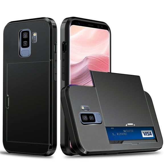 for Galaxy S9 Wallet Case with Sliding Door Hidden Pocket Credit Card Holder Dual Layer Heavy Duty Shockproof Hard PC Hybrid TPU Flip Protective Cover for Samsung Galaxy S9, Black