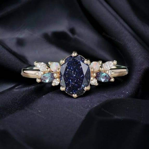 Galaxy Sandstone Bridal Ring Rose Gold Engagement Ring Multi Gemstone Cluster Ring Marquise Alexandrite Jewelry Art Deco Opal Birthday Gift