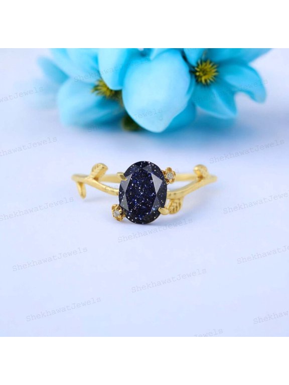 Galaxy Sandstone Ring Oval Blue Sandstone Leaf Engagement Ring Nebula Ring 14K Rose Gold Vermeil Promise Ring Anniversary Gift Outer Space Ring Astronomy Christmas Gift