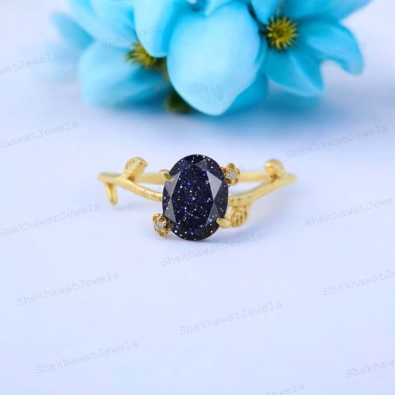 Galaxy Sandstone Ring Oval Blue Sandstone Leaf Engagement Ring Nebula Ring 14K Rose Gold Vermeil Promise Ring Anniversary Gift Outer Space Ring Astronomy Christmas Gift