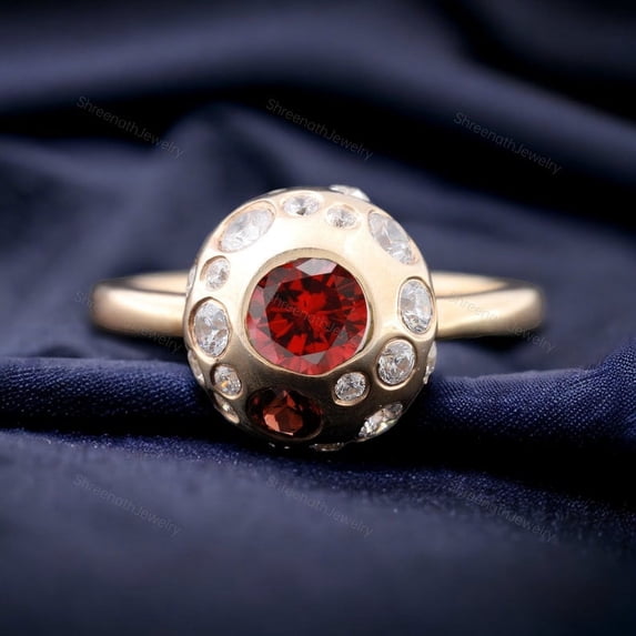 Vintage Red Garnet Engagement Ring Yellow Gold Vermeil Women's Ring January Birthstone Jewelry Art Deco Statement Ring Diamond Promise Ring