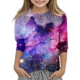 thumbnail image 1 of Galaxy Shirt for Toddler Girls Short Sleeve Starry Print Clothes Outfit Breathable Fashion Girls' Athletic Shirts & Tees,Dark Purple,6-7 Years, 1 of 4