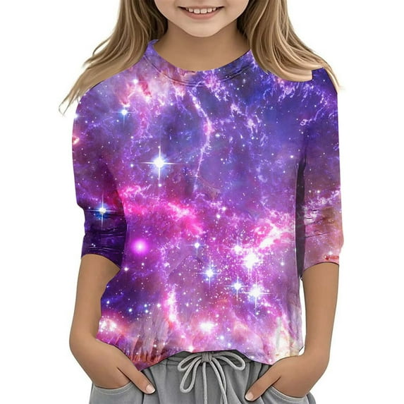 Galaxy Shirt for Toddler Girls Short Sleeve Starry Print Clothes Outfit Breathable Fashion Girls' Athletic Shirts & Tees,Purple,3-4 Years