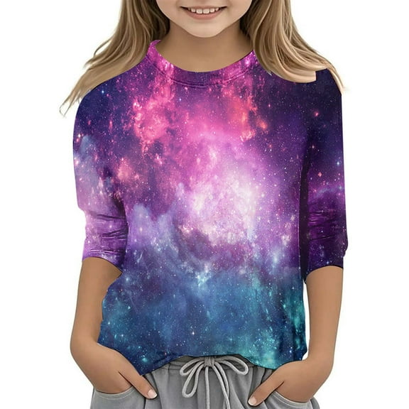 Galaxy Shirt for Toddler Girls Short Sleeve Starry Print Clothes Outfit Breathable Fashion Girls' Athletic Shirts & Tees,Purple,4-5 Years