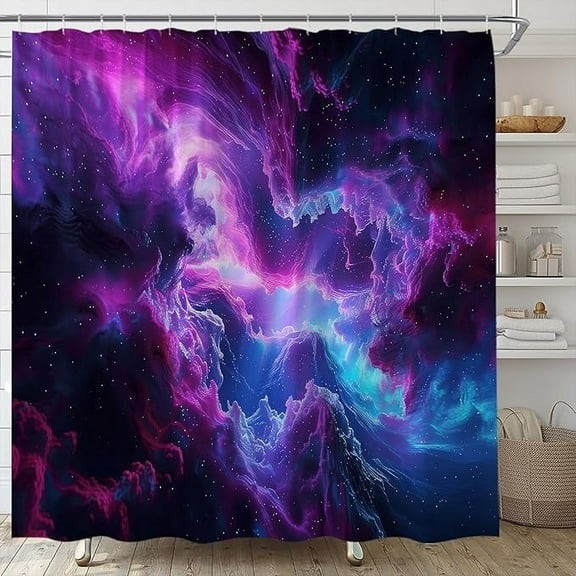Galaxy Shower Curtain Outer Space Starry Trippy Nebula Universe Planet Polyester Fabric Bathroom Decor Set with Hooks 60"W x 72"L