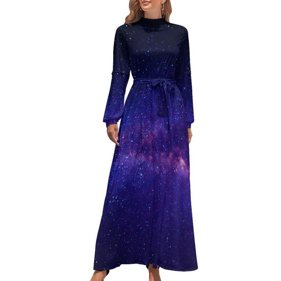 Galaxy Sky Print Dress Long Sleeve Solar System Vintage Maxi Dress High Waist Aesthetic Boho Beach Long Dresses Birthday Gift