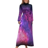 Galaxy Sky Print Dress Long Sleeve Solar System Vintage Maxi Dress High