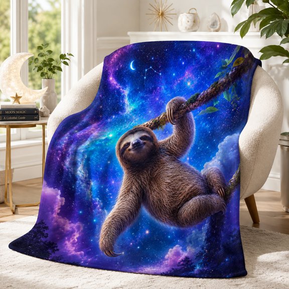 Galaxy Sloth Flannel Throw, Blue Purple Blanket with Realistic Hanging Sloth, Stars, Nebula and Crescent Moon for Couch, Bedroom and Weekend Trips, 30 x 40 in