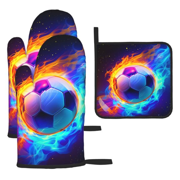 Galaxy Soccer Space Oven Mitts and Pot Holders Sets 3pcs, Heat Resistant Oven Gloves Potholder For Home Kitchen Bbq Baking Grilling Cooking Baking Gifts