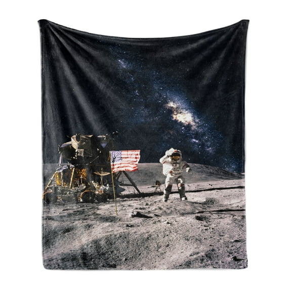 Galaxy Soft Flannel Fleece Blanket, Astronaut on Rocky Surface of Moon American Flag USA Rocket Traveling Space Art, Cozy Plush for Indoor and Outdoor Use, 60" x 80", Grey Navy Blue, by Ambesonne