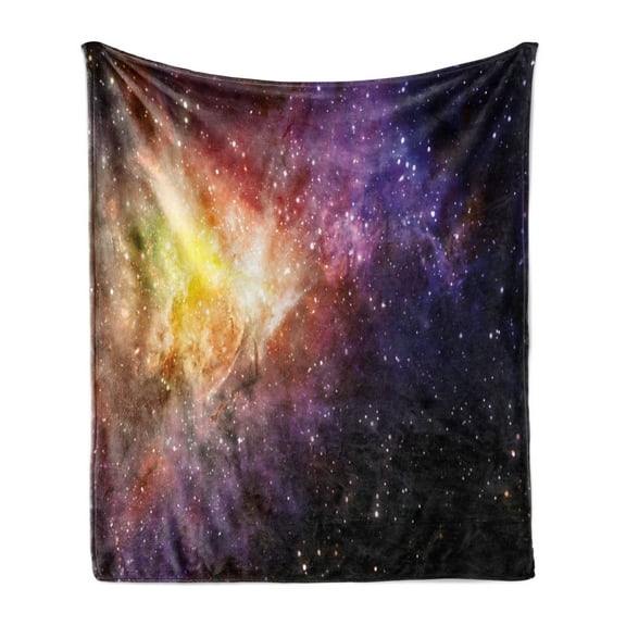 Galaxy Soft Flannel Fleece Blanket, Nebula Gas Cloud Image Vivid Starfield Cloud Starry Deep Outer Space Print, Cozy Plush for Indoor and Outdoor Use, 50" x 70", Black Purple Yellow, by Ambesonne