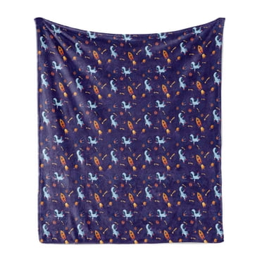 Galaxy Soft Flannel Fleece Blanket, Repetitive Pattern of Cartoonish Astronauts Rockets and Planets Outer Space, Cozy Plush for Indoor and Outdoor Use, 60" x 80", Indigo Multicolor, by Ambesonne