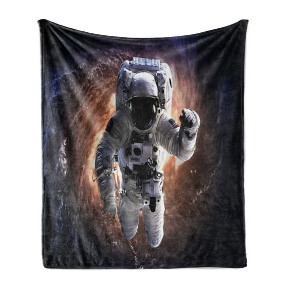 Galaxy Soft Flannel Fleece Throw Blanket, Astronaut in Outer Space with Andromeda Galaxy Fantasy Science Fiction Art Print, Cozy Plush for Indoor and Outdoor Use, 60" x 80", Grey Orange, by Ambesonne