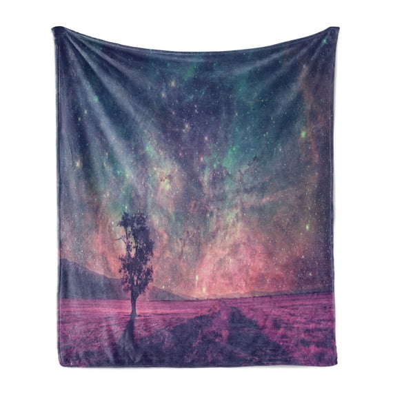 Galaxy Soft Flannel Fleece Throw Blanket, Lonely Tree Silhouette Space Nasa Furnished Elements Artwork, Cozy Plush for Indoor and Outdoor Use, 60" x 80", Pink Coral Blue, by Ambesonne