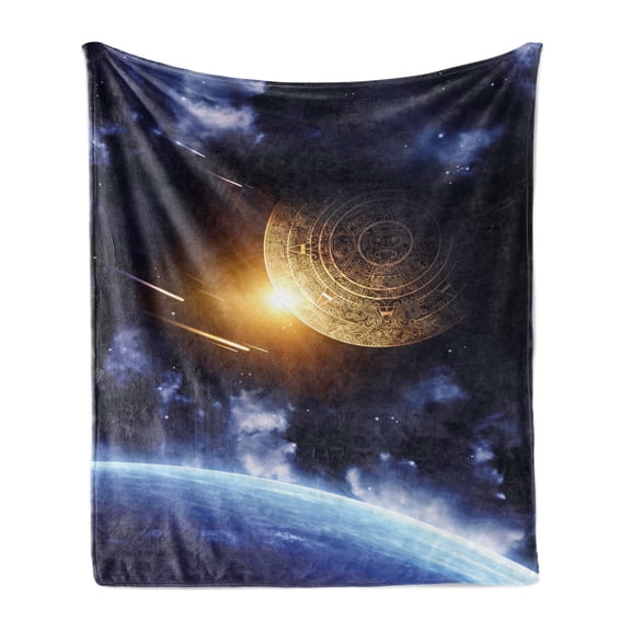 Galaxy Soft Flannel Fleece Throw Blanket, Maya Calendar with Outer Space Background with Earth Astral Meteor View, Cozy Plush for Indoor and Outdoor Use, 60" x 80", Blue Yellow, by Ambesonne