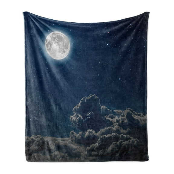 Galaxy Soft Flannel Fleece Throw Blanket, Moon and Stars in Midnight Sky Starry Night with Clouds Milky Way Art, Cozy Plush for Indoor and Outdoor Use, 70" x 90", Grey Dark Blue, by Ambesonne