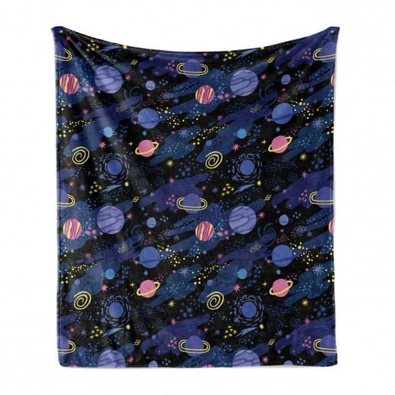 Galaxy Soft Flannel Fleece Throw Blanket, Outer Space Planets Cosmic Journey Milky Way Zodiac Moon Doodle, Cozy Plush for Indoor and Outdoor Use, 50" x 60", Dark Blue Pink, by Ambesonne