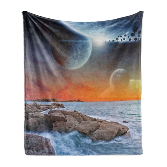 Galaxy Soft Flannel Fleece Throw Blanket, Planet Landscape View from a Rocky Beach Ocean Science Room Theme, Cozy Plush for Indoor and Outdoor Use, 50" x 70", Orange Umber Blue, by Ambesonne