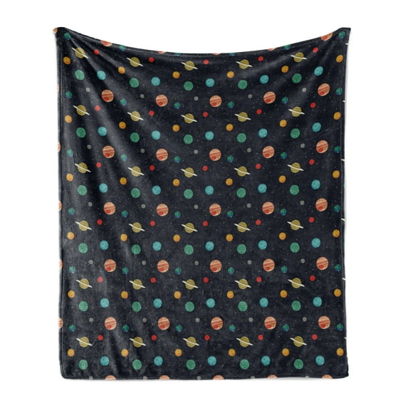 Galaxy Soft Flannel Fleece Throw Blanket, Simplistic Cartoon Design of Various Planets and Dot Shape Stars, Cozy Plush for Indoor and Outdoor Use, 60" x 80", Multicolor, by Ambesonne