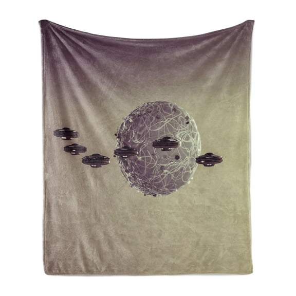 Galaxy Soft Flannel Fleece Throw Blanket, Small Planet Under Ufo Death Star Fictional Outer Space Themed Pattern, Cozy Plush for Indoor and Outdoor Use, 70" x 90", Brown Grey, by Ambesonne