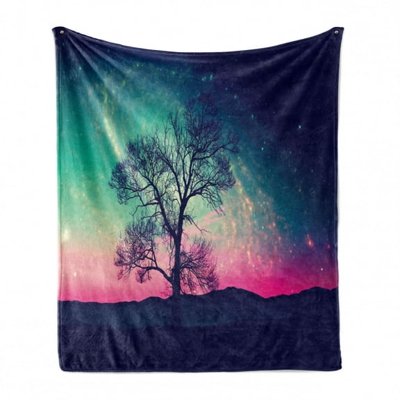Galaxy Soft Flannel Fleece Throw Blanket, Vibrant Stars Space Cosmic Lonely Tree Aurora Borealis, Cozy Plush for Indoor and Outdoor Use, 70" x 90", Pink Aqua Dark Blue, by Ambesonne