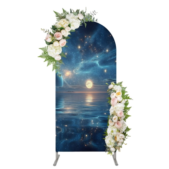 Galaxy Space Arch Backdrop Cover 4FT, Universe Planets Sparkling Stars Moon Blue Spandex Fitted Stretchy Arch Stand Covers, Round Top Chiara Backdrop Cover for Wedding Party Birthday Baby Shower