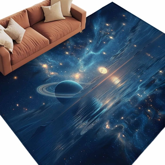 Galaxy Space Area Rug 5x8 Washable Rug Non Slip Universe Planets Sparkling Stars Moon Blue Large Area Rug Soft Stainresistant Indoor Carpet for Living Room Bedroom Home Office Dining Room Nursery