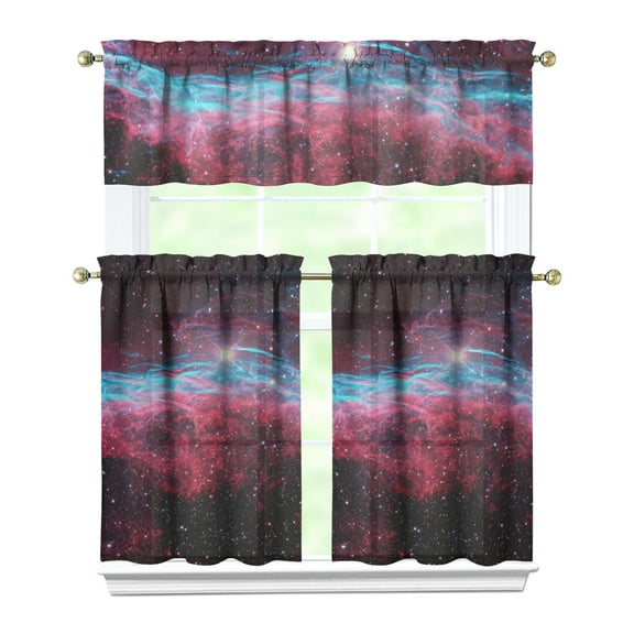 Galaxy Space Kitchen Curtains Set Tier and Valance 3-Piece, Celestial Starry Night Nebula Cosmic Light Filtering Curtains for Sci-fi Lovers, Outer Space Decor for Kitchen or Nursery Room