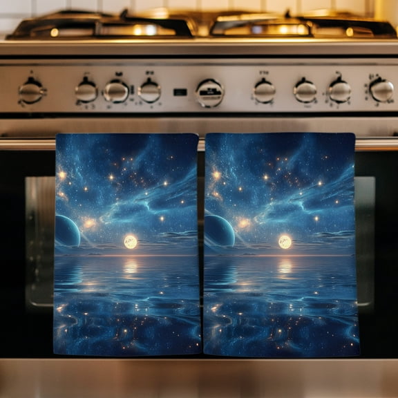Galaxy Space Kitchen Towels Set of 1, Universe Planets Sparkling Stars Moon Blue Absorbent Dish Towels for Kitchen, Microfiber Hand Towel, Quick Drying Tea Towel for Cleaning Decorative Dishcloths