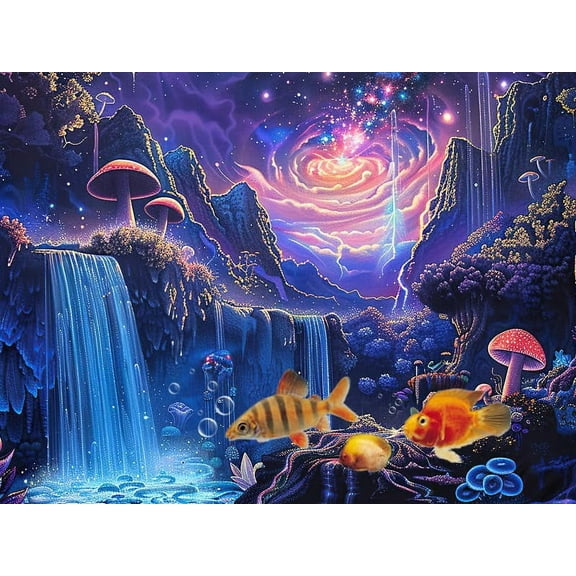 Galaxy Space Planet Aquarium Background, Fantasy Mountain Wave Fish Tank, Waterfall Landscape Fish Tank Background Aquarium Decorations Poster with 8 EVA Double-Sided Tape
