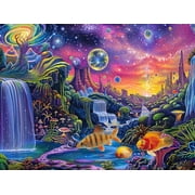 Galaxy Space Planet Aquarium Background, Waterfall Landscape Tapestry Fantasy Mountain Wave Wall Tapestry Mysterious Neon Plants Fish Tank with Mushroom Design