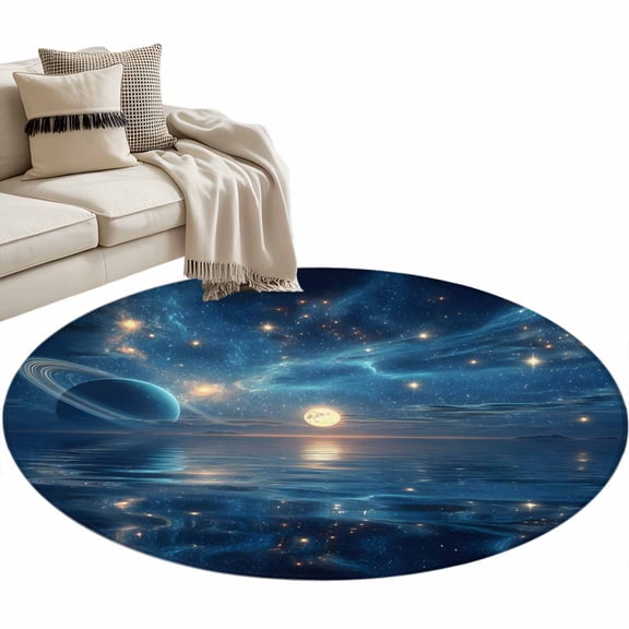 Galaxy Space Round Rug 3ft Washable Circle Entryway Rugs Non Slip Universe Planets Sparkling Stars Moon Blue Area Rug Indoor Carpet for Bedroom Kitchen Living Room Home Office Dining Room Nursery