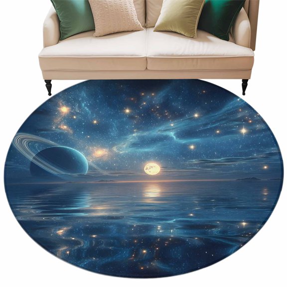 Galaxy Space Round Rug 8ft Washable Circle Rugs Non Slip Universe Planets Sparkling Stars Moon Blue Large Area Rug Indoor Floor Carpet for Bedroom Kitchen Living Room Home Office Dining Room Nursery