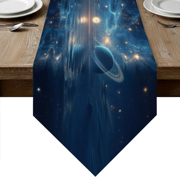 Galaxy Space Table Runner Linen Burlap Table Runner 36 Inches Small Universe Planets Sparkling Stars Moon Blue Dresser Scarves for Kitchen Island Coffee Dining Room Party Holiday Decor 13"x36"
