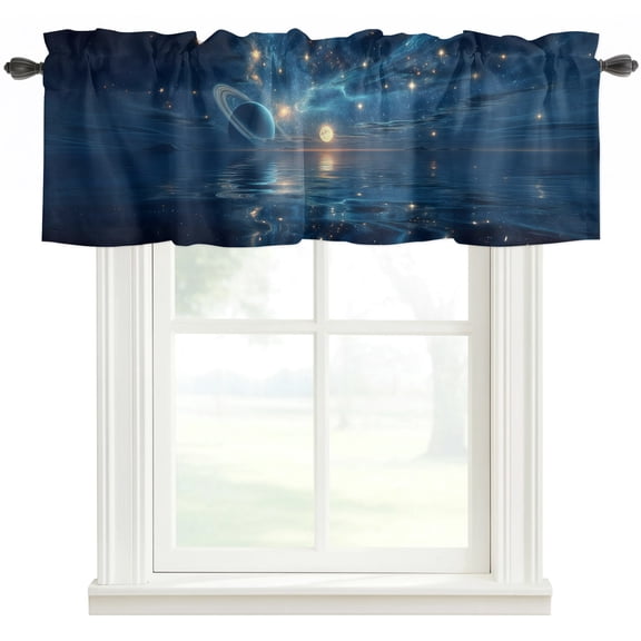Galaxy Space Valances for Windows Farmhouse Kitchen Curtains Valances Rod Pocket Valance Curtains for Windows Universe Planets Sparkling Stars Moon Blue Window Valances for Bathroom Bedroom 54"x18"