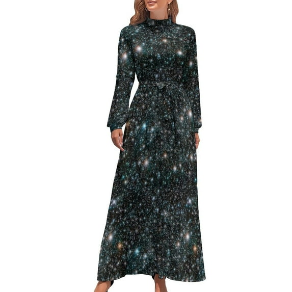 Galaxy Star Dress Artistic Stars Space Black Vintage Maxi Dress Fashion Boho Beach Long Dresses High Neck Pattern Vestidos