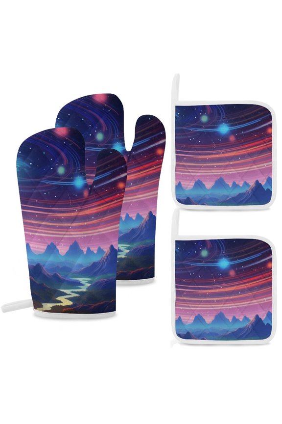 Galaxy Star Outer Space Insulated Gloves And Pot Mats (four Piece Set)