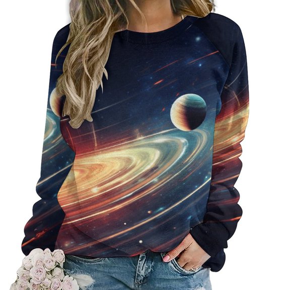Galaxy Star Outer Space Women's Floral Printed Sweatshirt Long Sleeve Crewneck Casual Loose Vintage Graphic Pullover Tops