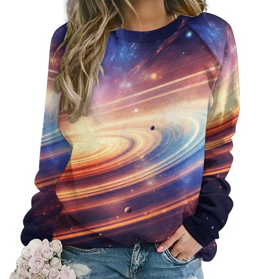Galaxy Star Outer Space Women's Floral Printed Sweatshirt Long Sleeve Crewneck Casual Loose Vintage Graphic Pullover Tops