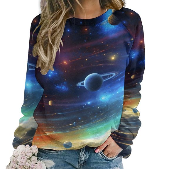 Galaxy Star Outer Space Women's Floral Printed Sweatshirt Long Sleeve Crewneck Casual Loose Vintage Graphic Pullover Tops