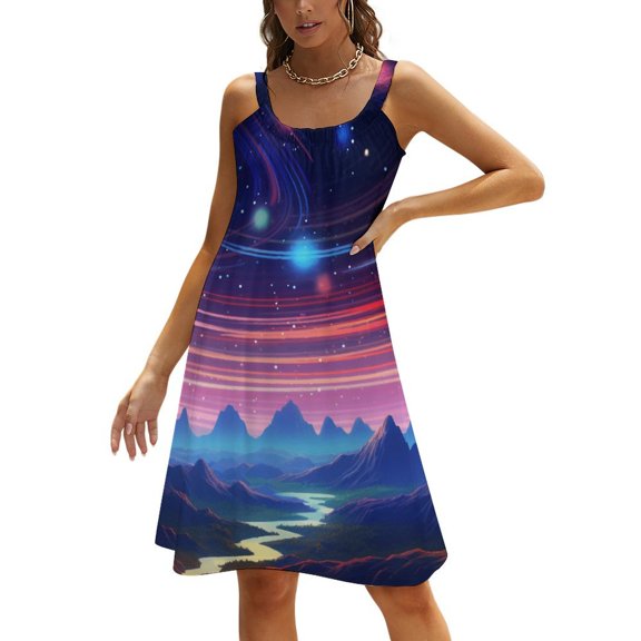 Galaxy Star Outer Space Womens Summer Dresses Casual Sleeveless Tshirt Sundresses Vacation Beach Cover Up Dress