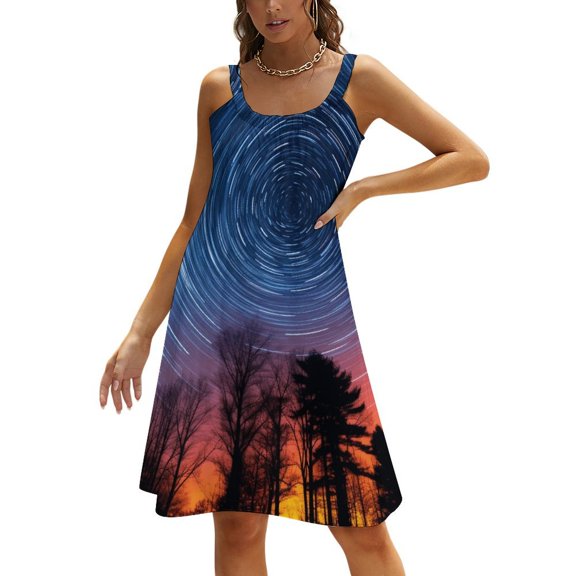 Galaxy Star Outer Space Womens Summer Dresses Casual Sleeveless Tshirt Sundresses Vacation Beach Cover Up Dress