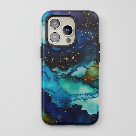 Galaxy Stars For All iPhone Series Protective Phone Case Abstract Art Blue Teal Gold