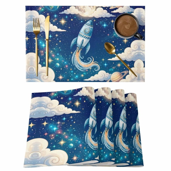 Galaxy Stars Moon Planets Placemats Set of 6,Wipeable Washable Table Mats for Dining Tables, Cloud Dream Sky Rocket Place Mats for Kitchen Event Party Tabletop Decor