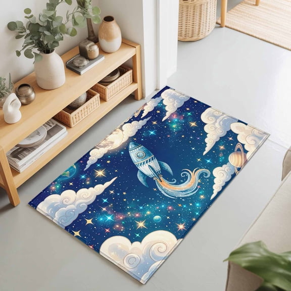 Galaxy Stars Moon Planets Rectangle Rug 2'x3' Cloud Dream Sky Rocket Washable Area Rugs for Living Room Bedroom Entryway Non Slip Entrance Door Mat Indoor Floor Carpet