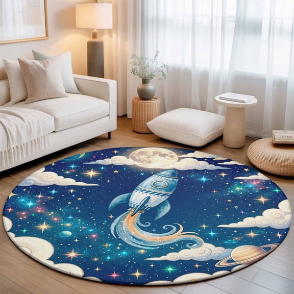 Galaxy Stars Moon Planets Round Rug 5ft Cloud Dream Sky Rocket Washable Area Rugs for Living Room Bedroom Entryway Non Slip Entrance Door Mat Indoor Floor Carpet