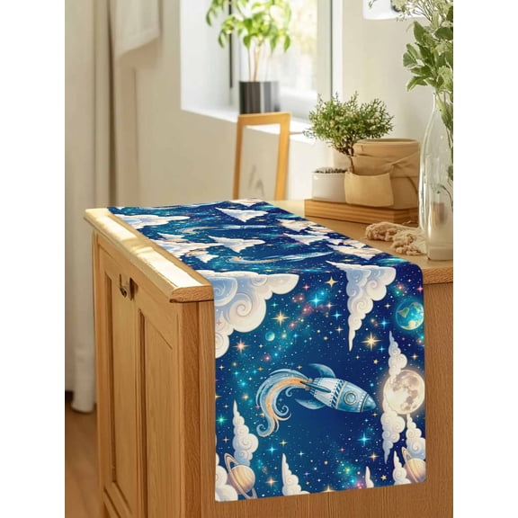 Galaxy Stars Moon Planets Table Runner 36 Inches Long,Kitchen Dining Tablerunners Cloud Dream Sky Rocket Linen Table Runners Dresser Scarves for Home Dinner Wedding Holiday Party Decor