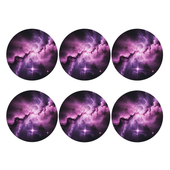 Galaxy Stars Purple Set of 6 Faux Leather 4 Inch Coasters Drinks Tabletop Home Dinning Round Shape
